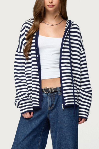 Edikted Safari Striped Knit Zip Up Hoodie