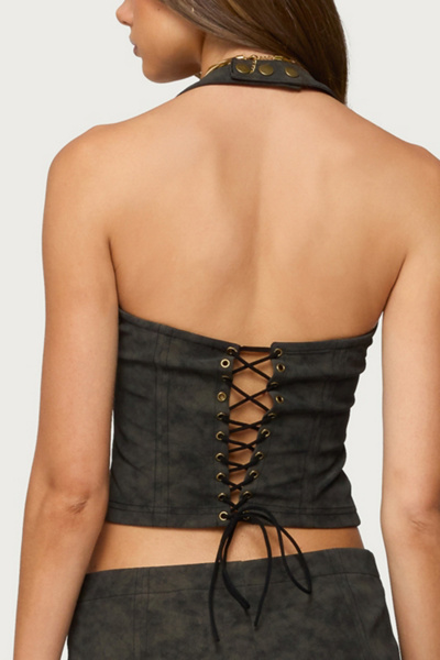 Edikted Taia Distressed Faux Leather Corset