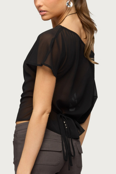Edikted Noria Sheer Chiffon Off Shoulder Top