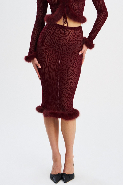 Miss Circle Halia Animal Print Burnout Velvet Fur Trim Skirt in Maroon, Women’s at Urban Outfitters