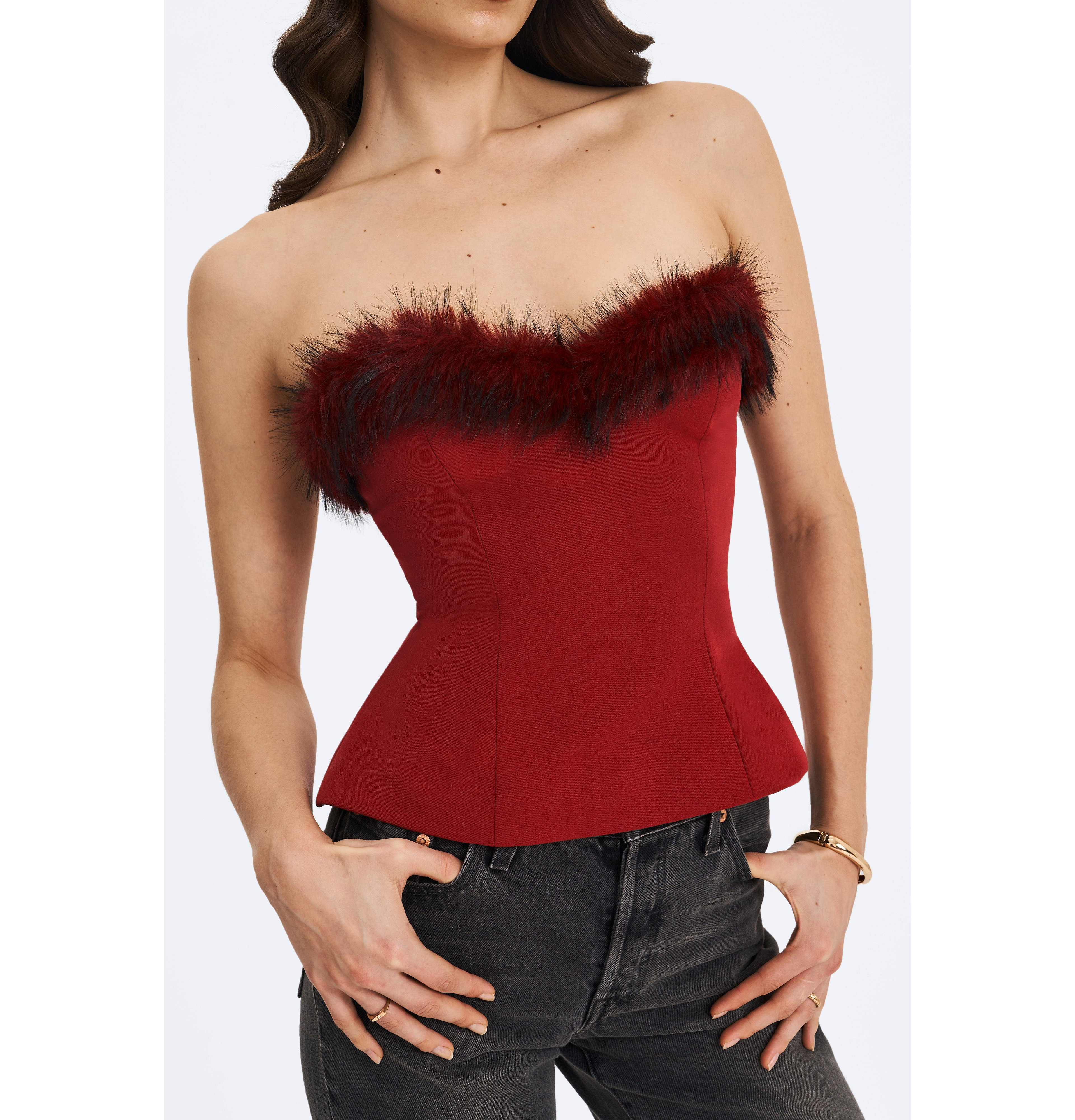 Miss Circle Ivette Faux Fur-Trimmed Peplum Top
