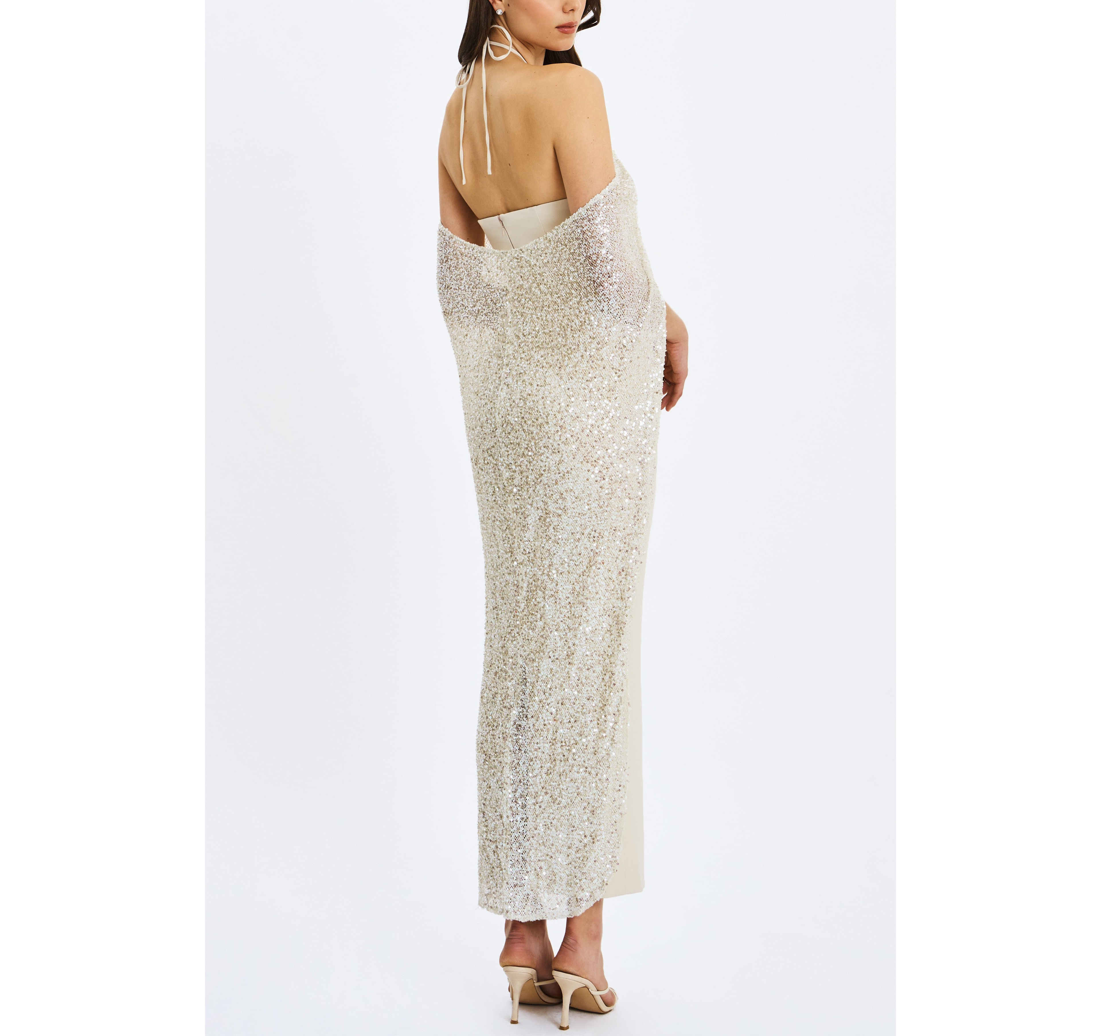 Miss Circle Quimera Beaded Cape Halter Maxi Dress