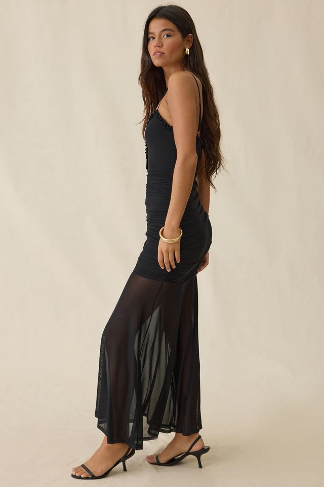 long sleeve maxi dress mesh Kaitlin One Shoulder Slinky And Mesh Maxi Dress