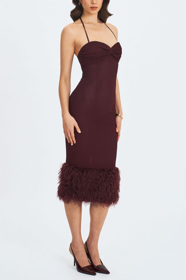 Miss Circle Pluma Halter Faux Fur Trimmed Midi Dress #1