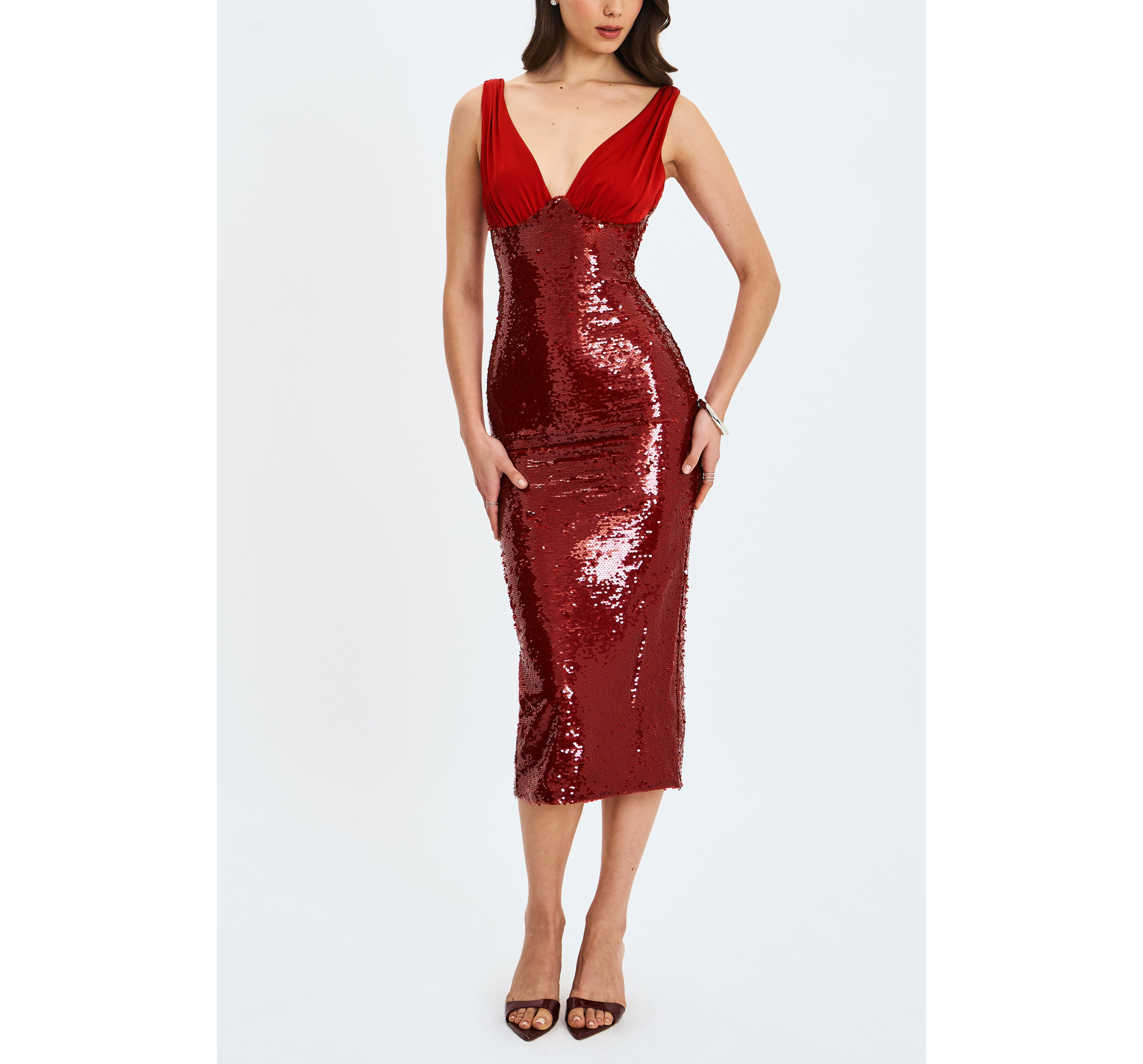 Miss Circle Shanelle Sequin Plunging Midi Dress