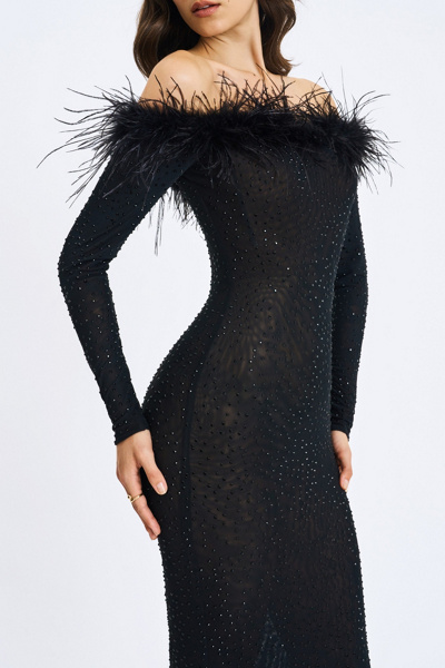Miss Circle Emberly Faux Fur Off Shoulder Rhinestone Mesh Dress