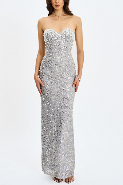Miss Circle Noelle Sequin Pearl-Embellished Sweetheart Maxi Dress
