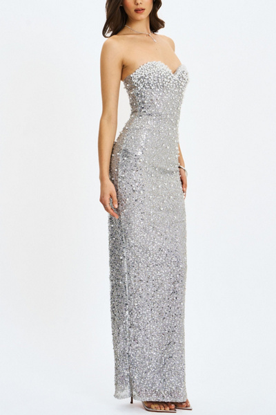 Miss Circle Noelle Sequin Pearl-Embellished Sweetheart Maxi Dress