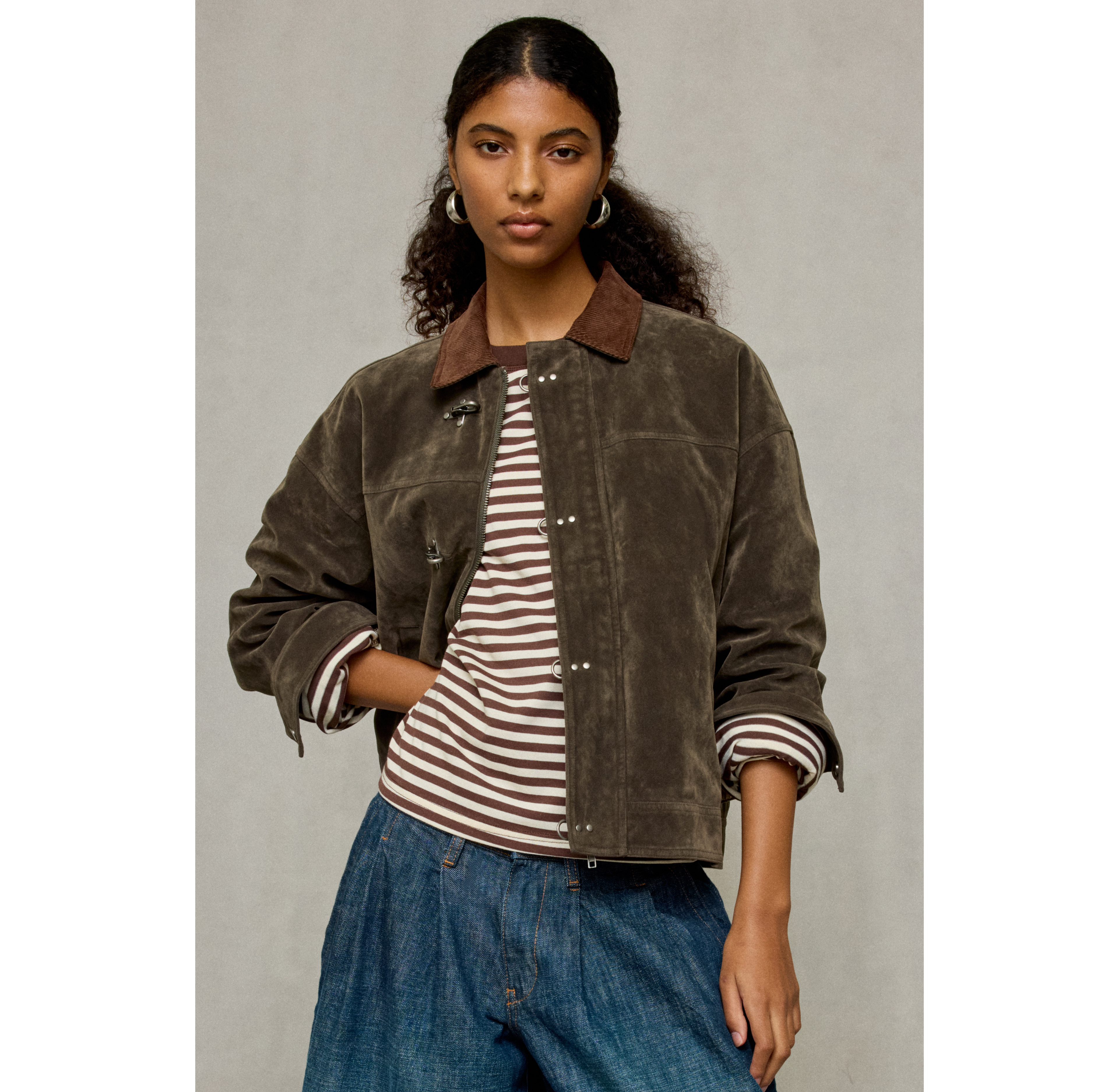 BDG Wylie Contrast Collar Faux Suede Barn Jacket