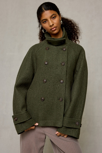 BDG Drew Double-Breasted Wool Blend Funnel Neck Coat
