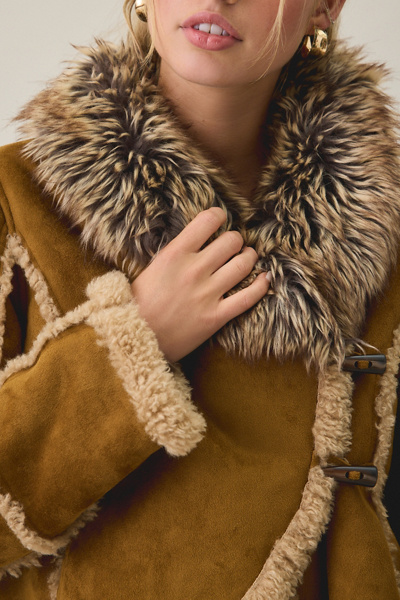 UO Ashleigh Faux Fur Trim Asymmetric Faux Shearling Jacket