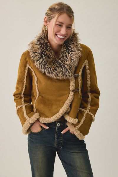 UO Ashleigh Faux Fur Trim Asymmetric Faux Shearling Jacket