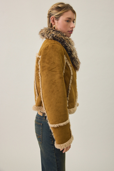 UO Ashleigh Faux Fur Trim Asymmetric Shearling Jacket