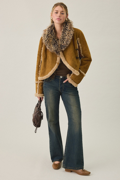 UO Ashleigh Faux Fur Trim Asymmetric Shearling Jacket