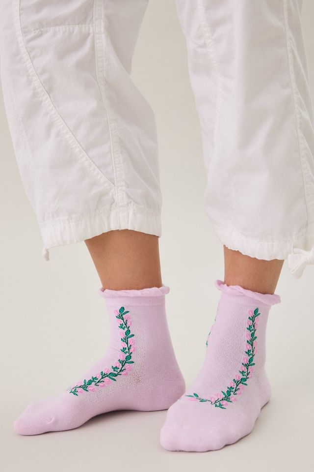 Chaussettes à bord laitue avec chaîne de fleurs brodées #1
