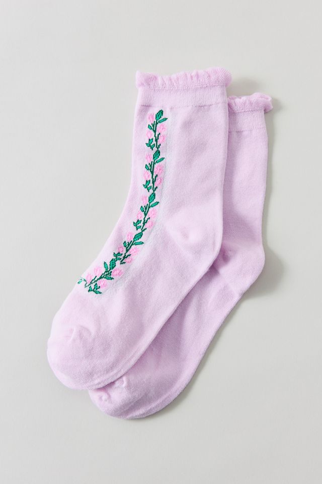 Chaussettes à bord laitue avec chaîne de fleurs brodées #2