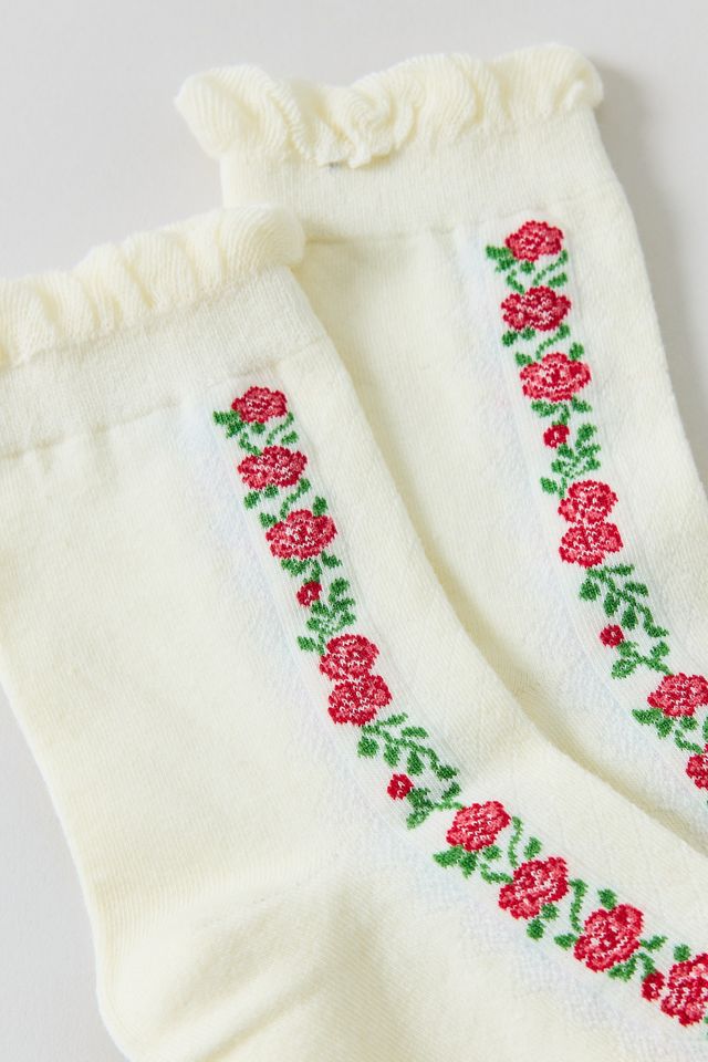 Chaussettes à bord laitue avec chaîne de fleurs brodées #1