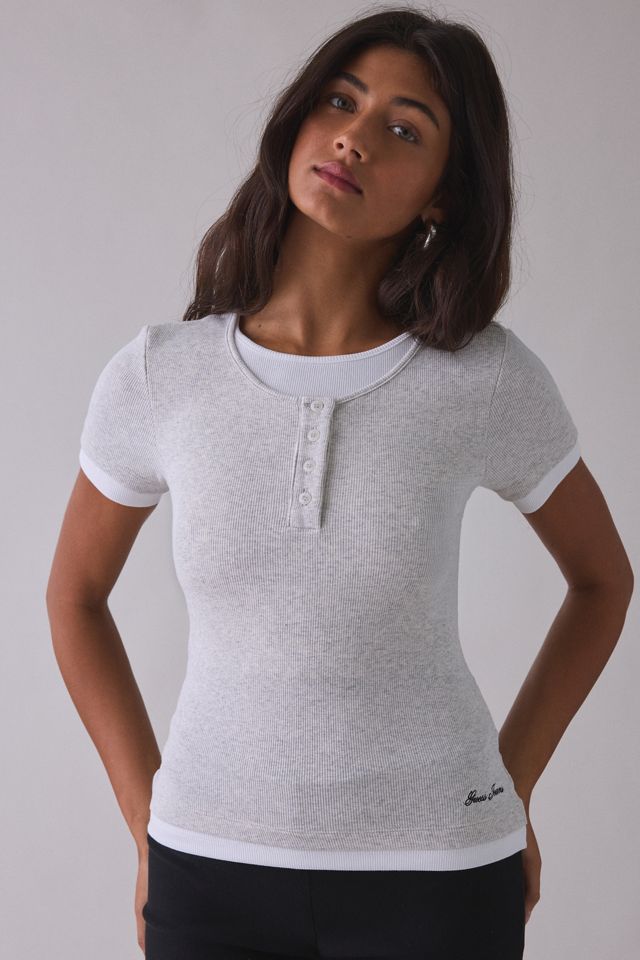 T-shirt Henley en tricot côtelé superposé GUESS JEANS #1