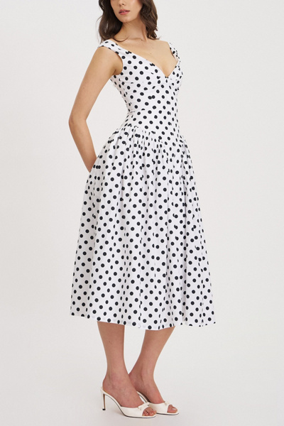 Miss Circle Rahma Polka Dot Drop Waist Midi Cotton Poplin Dress