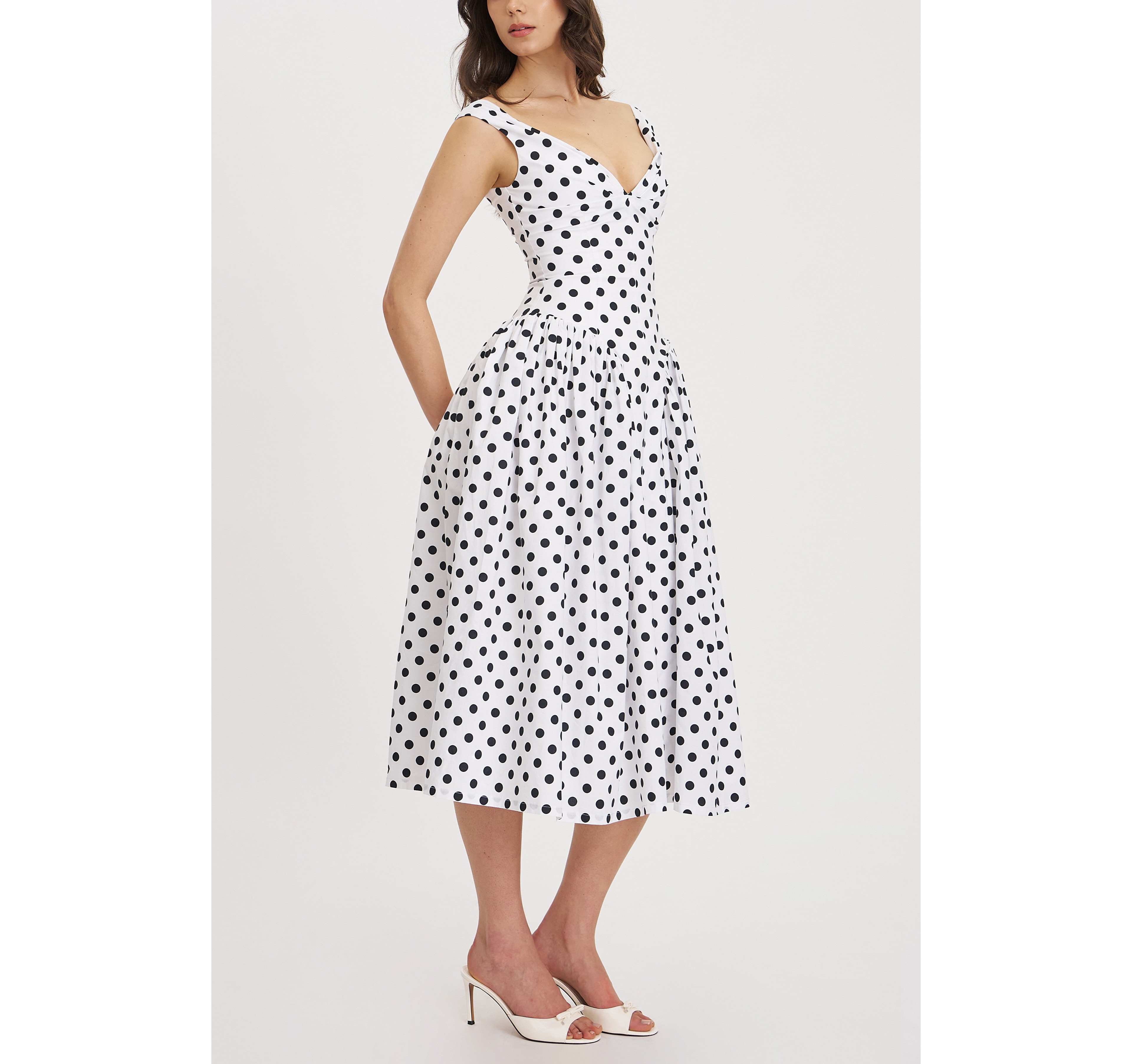 Miss Circle Rahma Polka Dot Drop Waist Midi Cotton Poplin Dress