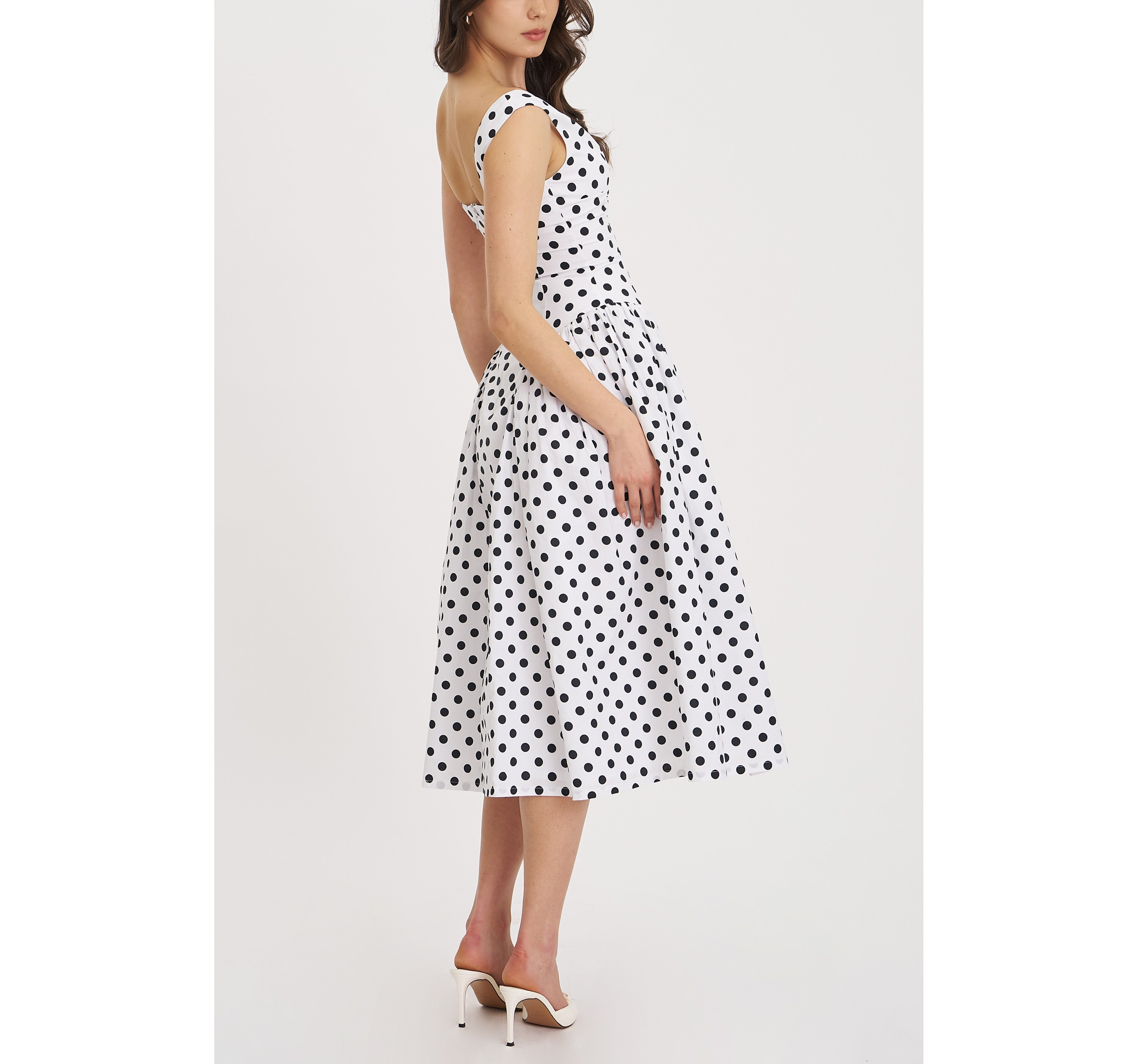 Miss Circle Rahma Polka Dot Drop Waist Midi Cotton Poplin Dress