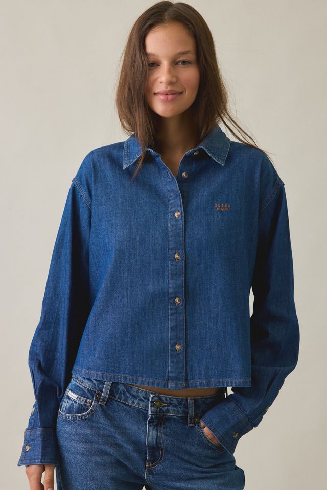GUESS JEANS Logo Embroidered Boxy Denim Button-Down Shirt #1
