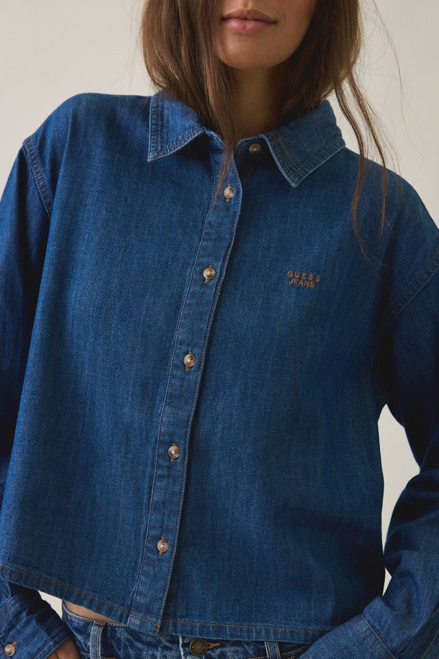 GUESS JEANS Logo Embroidered Boxy Denim Button-Down Shirt #3