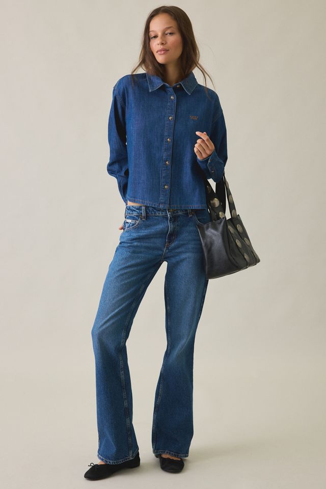 GUESS JEANS Logo Embroidered Boxy Denim Button-Down Shirt #4