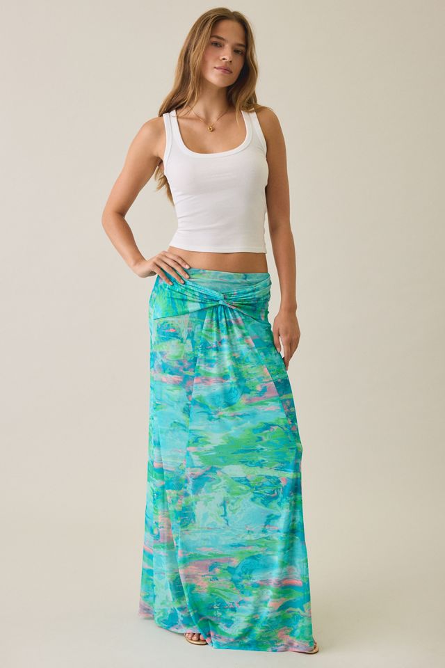 AFRM Amirah Turquoise Marble Mesh Twist-Front Maxi Skirt #1