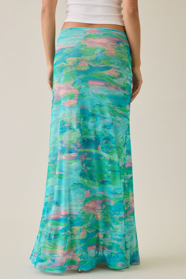 AFRM Amirah Turquoise Marble Mesh Twist-Front Maxi Skirt #4