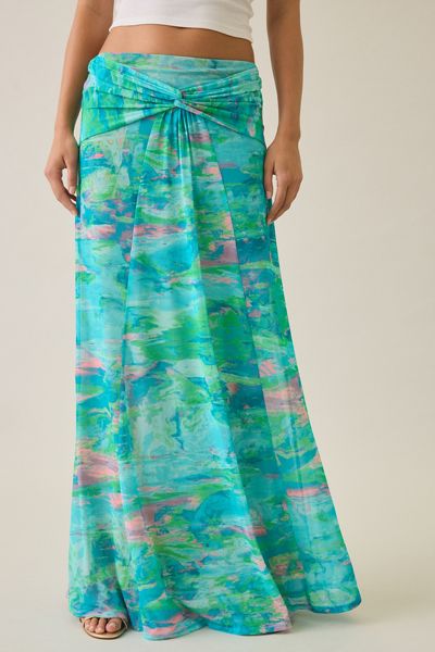 AFRM Amirah Turquoise Marble Mesh Twist-Front Maxi Skirt
