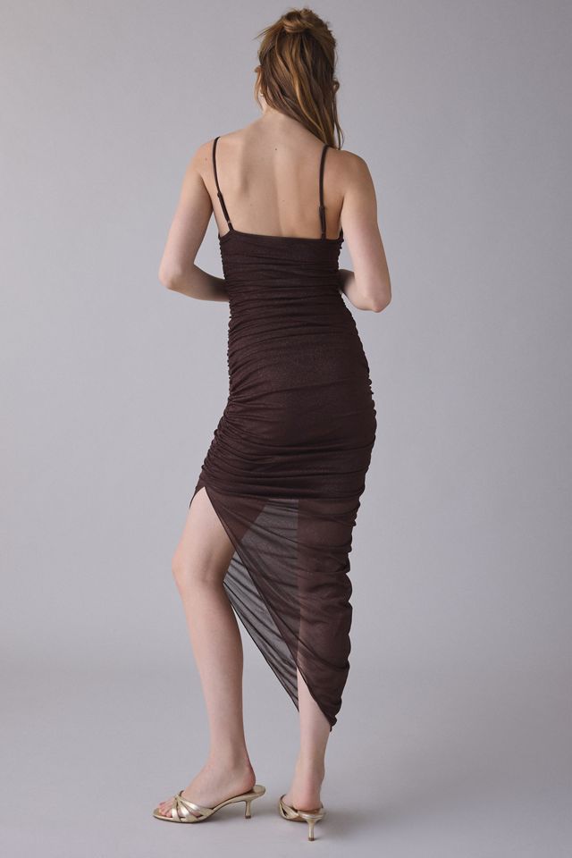 UO Stellina Sparkly Mesh Ruched Asymmetric Midi Dress #2
