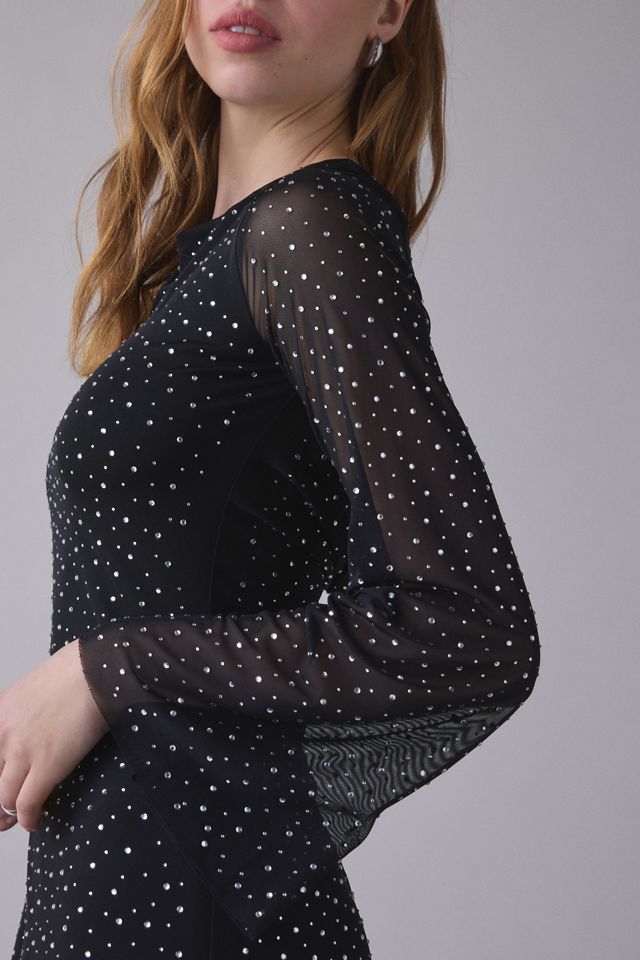 knee length dresses for ladies Black Glitter Mesh Overlay V Neck Long Sleeve Dress PINKCOLADA