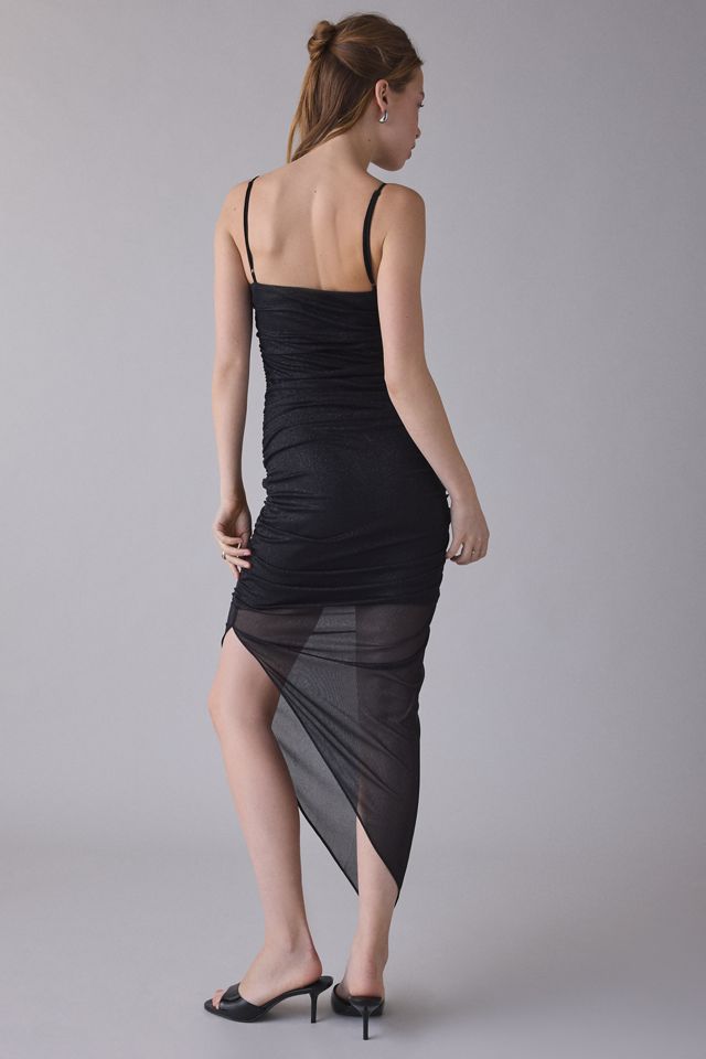 UO Lumiere Sparkly Mesh Notch V-Neck Asymmetric Ruched Midi Dress #2