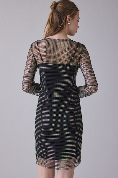 UO Obsidian Rhinestone Studded Fishnet Long Sleeve Mini Dress
