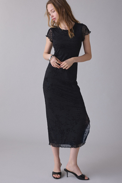 short sleeve floral mesh midi dress Blue Floral Mesh Short Sleeve Midi Dress