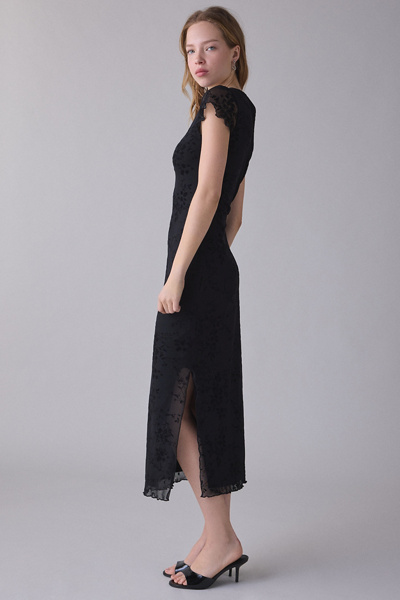 UO Sweet Rebellion Flocked Floral Mesh Short Sleeve Midi Dress