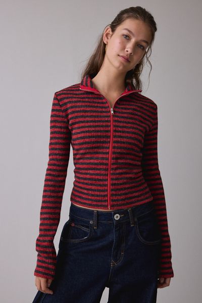 Lioness Apex Crimson Stripe Knit Zip-Up Jacket