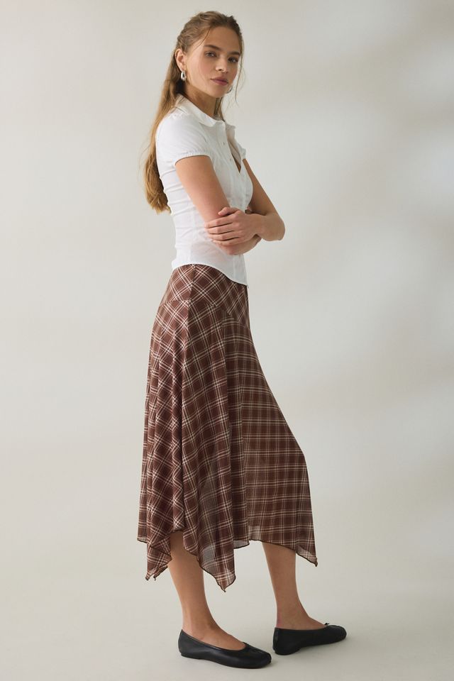 BDG Winnie Plaid Sheer Mesh Hanky Hem Drop Waist Midi Skirt #1