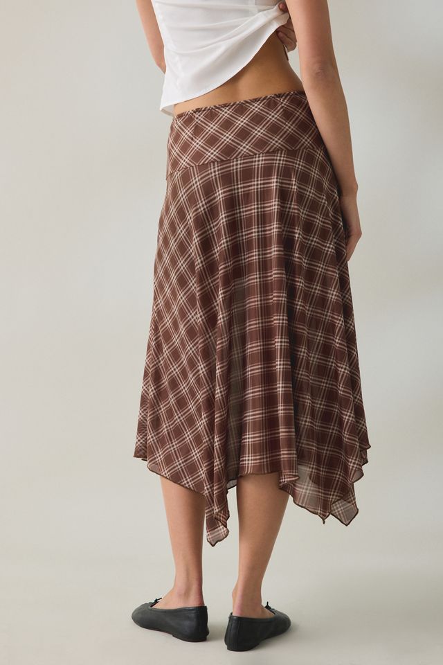 BDG Winnie Plaid Sheer Mesh Hanky Hem Drop Waist Midi Skirt #2