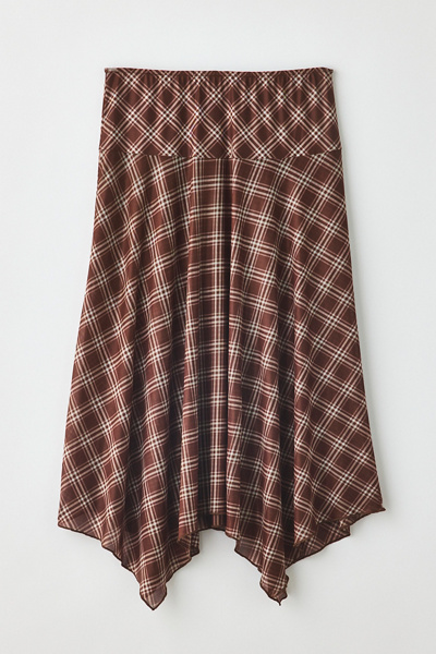 BDG Winnie Plaid Sheer Mesh Hanky Hem Drop Waist Midi Skirt