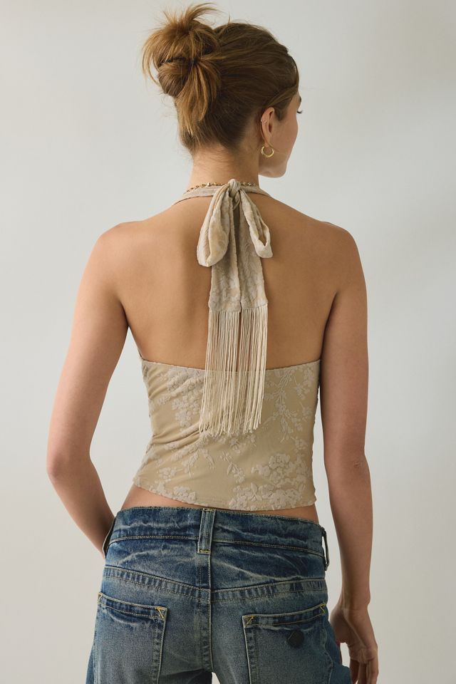 Motel Muna Velvet Burnout Floral Plunging Cowl Halter Top #1