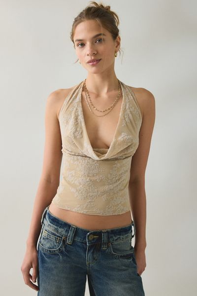 Motel Muna Velvet Burnout Floral Plunging Cowl Halter Top