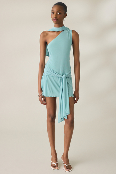 Motel Sanyang Scarf Detail Asymmetric One-Shoulder Mesh Mini Dress