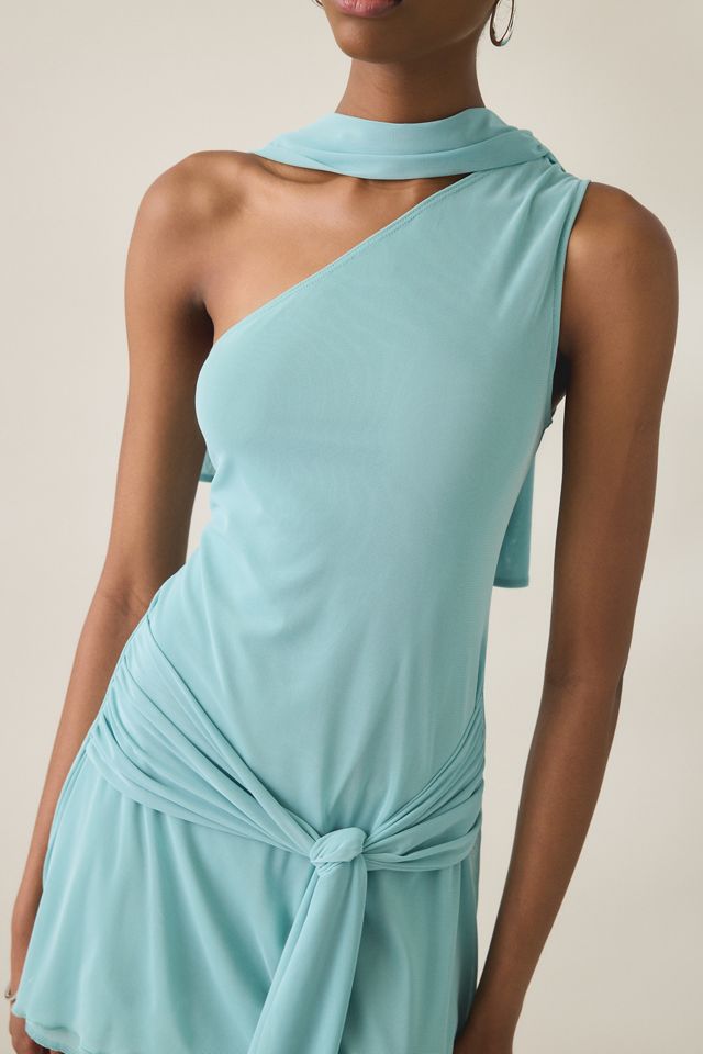 Motel Sanyang Scarf Detail Asymmetric One-Shoulder Mesh Mini Dress #1
