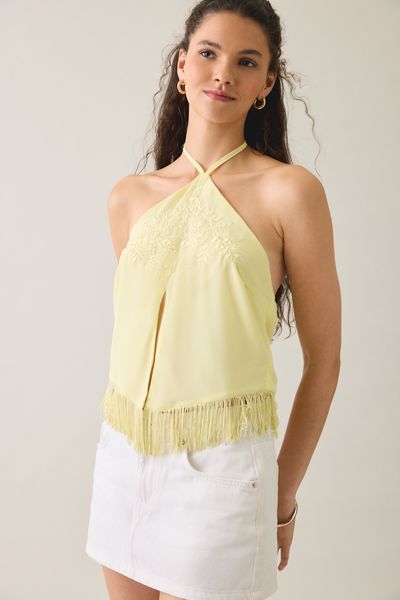 Motel Junaya Floral Embroidered Fringe Halter Top