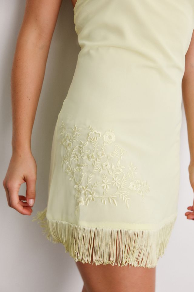 Motel Brisea Vintage Bloom Embroidered Fringe Halter Mini Dress #1