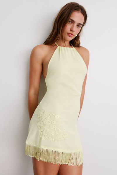 Motel Brisea Vintage Bloom Embroidered Fringe Halter Mini Dress