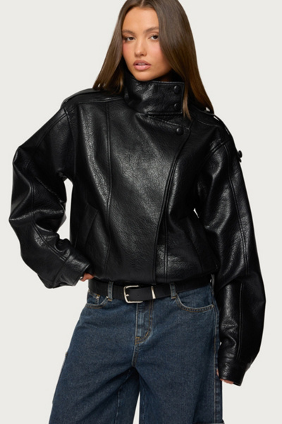 Edikted Jaicee High Neck Oversized Faux Leather Jacket