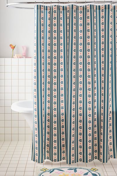 Stripes & Flowers Patterned Shower Curtain